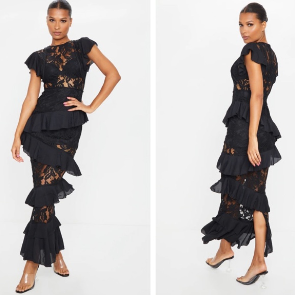 Black Lace Ruffle Detail Maxi Dress